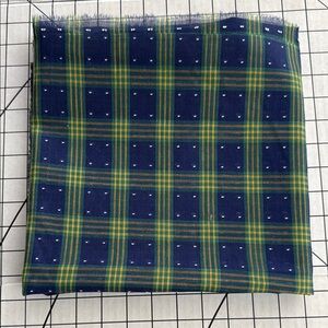 Plaid,, semi sheer fabric remnant, navy blue, green, yellow w white dot motif